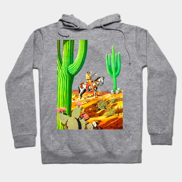 Desert Cactus American Indian Horseback Looking At The Horizon Western Cowboy Vintage Retro Comic Hoodie by REVISTANGO